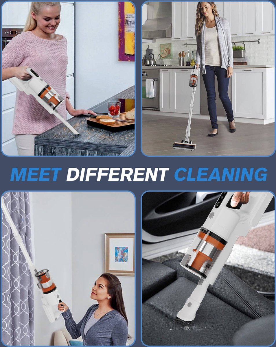 Cordless stick vacuum cleaner 200W with 4 attachments - Lightweight and powerful model for floors, car and animal hair - Including free e-book with cleaning tips LED-verlichting en hoogteverstelling - product feature