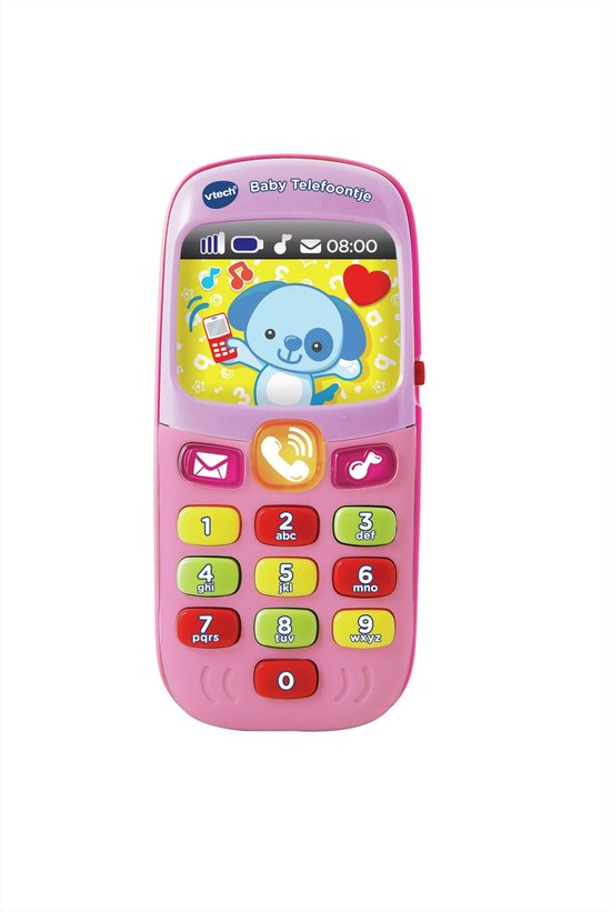 Roze VTech Baby Telefoon met een hondje op het scherm.