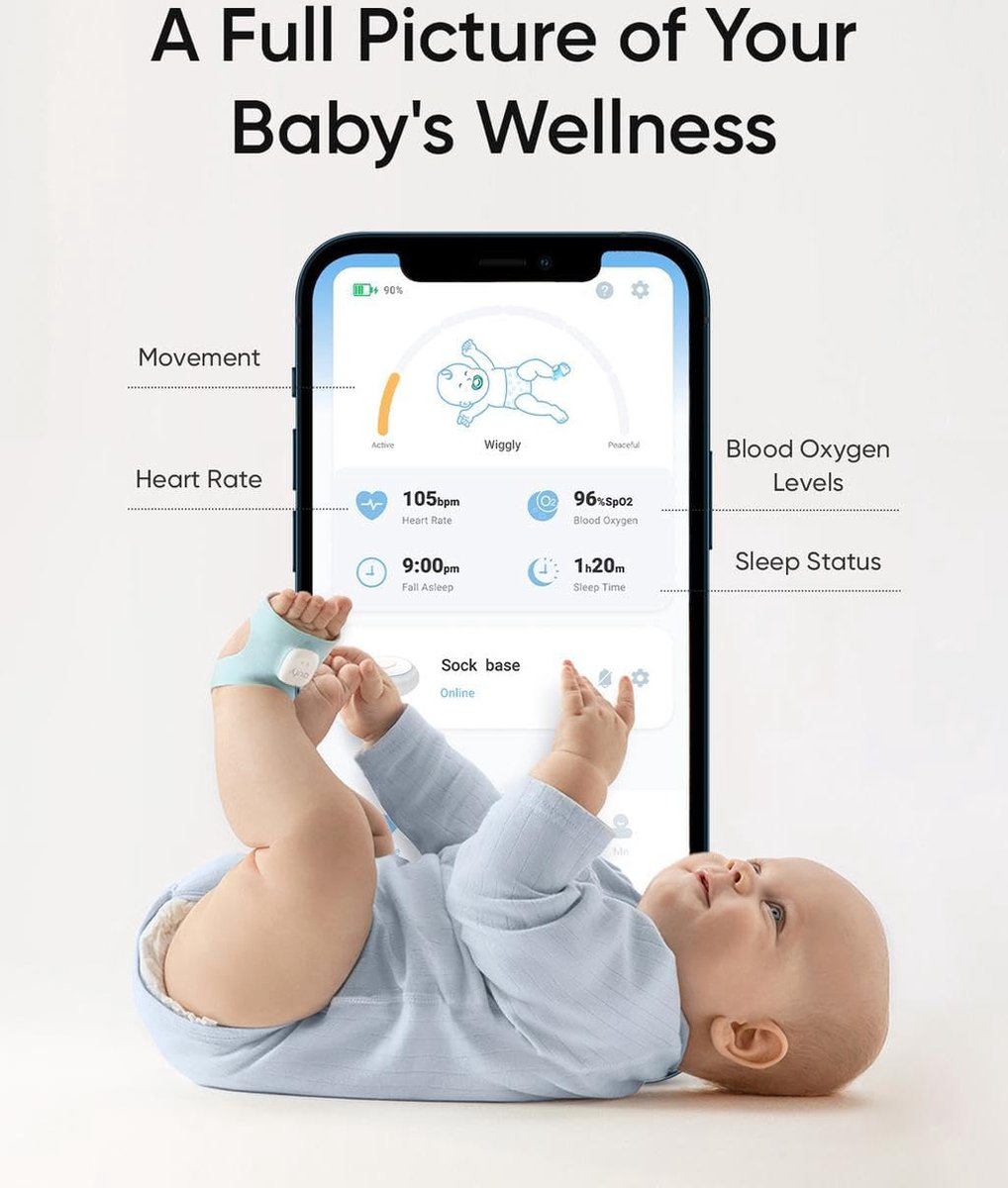 Afbeelding 3 van eufy Baby S340 - Smart Sock Babyfoon - 2.4 GHz Wi-Fi - Houd slaappatronen, dutjes, hartslag en bloedzuurstof bij - Voor kinderen van 0 tot 18 maanden.