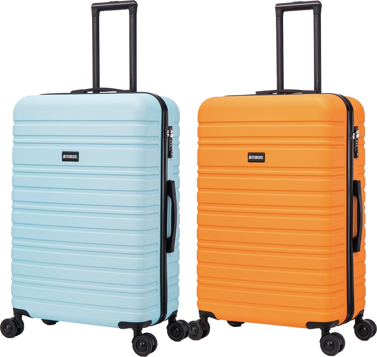 BlockTravel kofferset 2 delig ABS ruimbagage met dubbele wielen 95 liter - inbouw TSA slot - licht blauw - oranje
