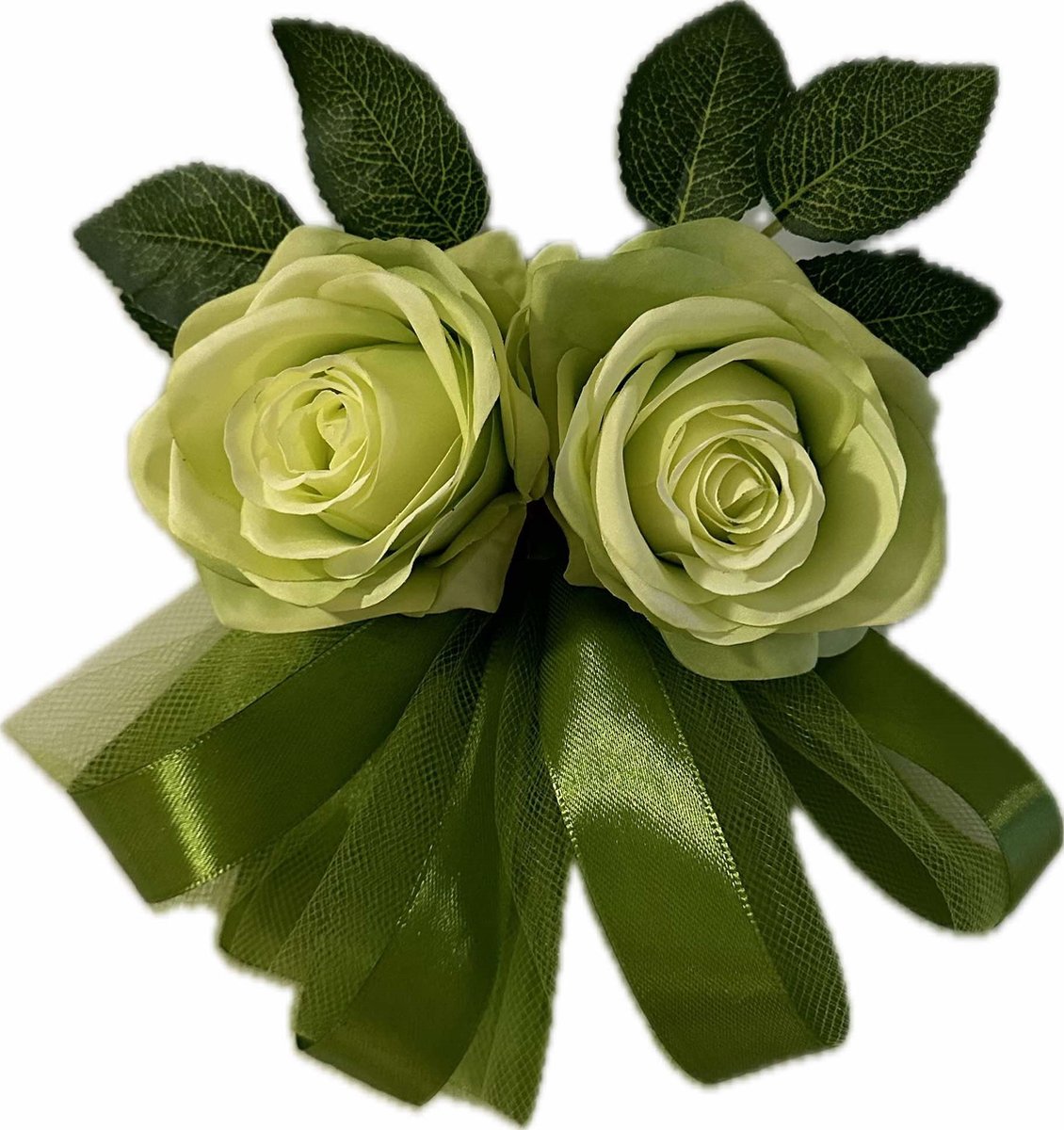 autodeco.nl LINA GROEN Handvatten Decoratie 4 stuks - Trouwauto Versiering - Groene Rozen met Linten en Tule - Bloemen voor op de Handvatten - Versiering Handvat Auto - Autoversiering voor Volgauto's