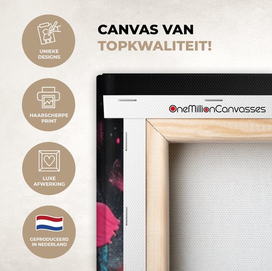 Caractéristiques de qualité d'une peinture sur toile : designs uniques, impression nette, finition luxueuse, produite aux Pays-Bas.