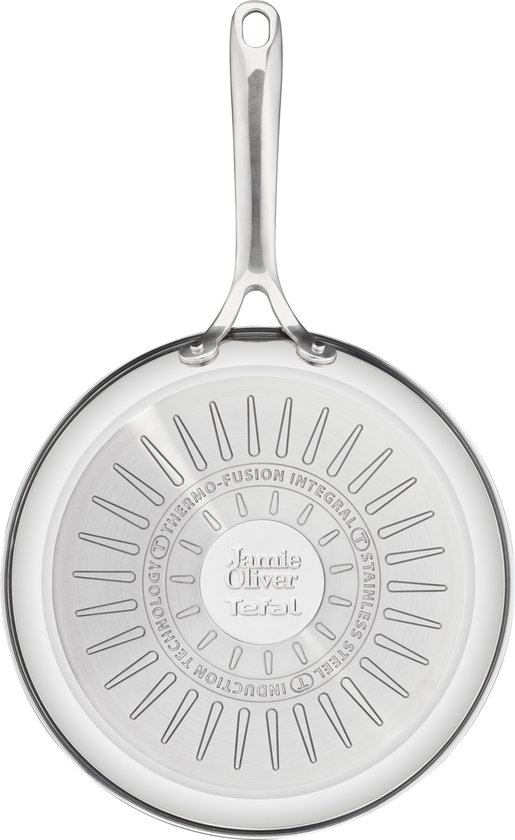 Onderkant van een Jamie Oliver by Tefal RVS koekenpan met inductietechnologie.