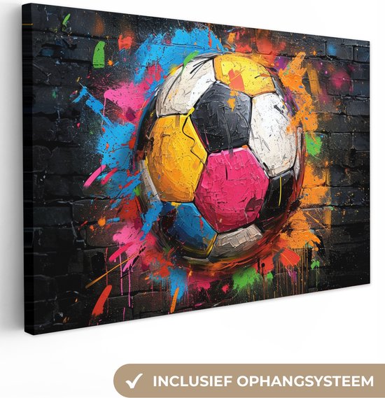 Canvas Schilderij 60x40 cm - Graffiti - Voetbal - Muur - Sport - Pop art - Wanddecoratie slaapkamer - Muurdecoratie woonkamer - Interieur decoratie - Schilderijen - Kamer accessoires tieners - Tienerkamer jongens