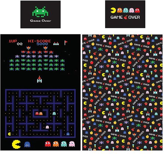 1-persoons jongens dekbedovertrek (dekbed hoes) “Pac-Man retro” zwart met gekleurde Pacman poppetjes in een computerspel (game over Space invaders) eenpersoons 140 x 200 cm (beddengoed voor gamers) - catherina Lansfield