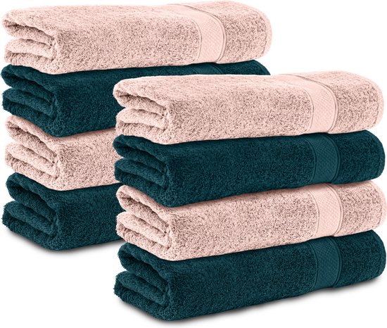 Komfortec handdoeken – Set van 8 - Badhanddoek 50x100 cm - 100% Katoen - Petroleumblauw&Roze