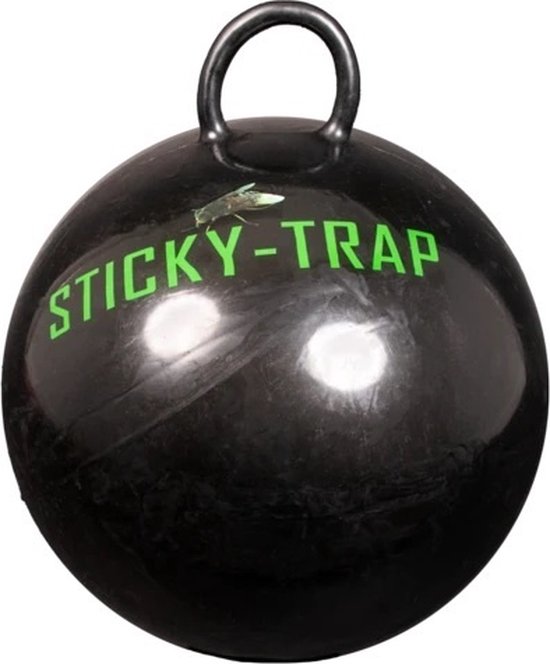 Zwarte "STICKY-TRAP" bal met lus aan de bovenzijde.