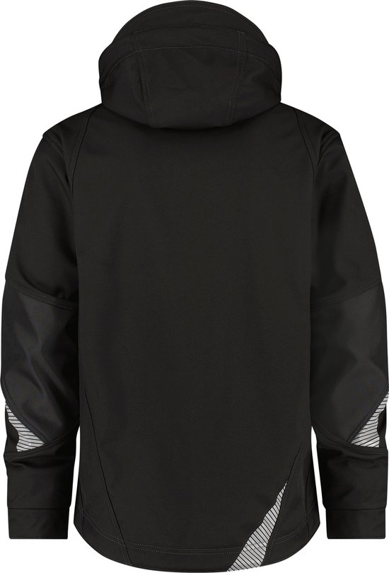 Achterkant van een zwarte DASSY softshell werkjas met capuchon en reflecterende details.