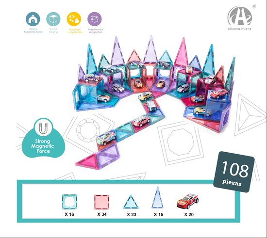 Diamant Magnetisch Speelgoed - Magnetic Tiles - Montessori speelgoed - 108 stuks -Delig Constructiespeelgoed - Magnetische Bouwstenen - Magnetische Tegels - Magnetic toys - Speelgoed kinderen