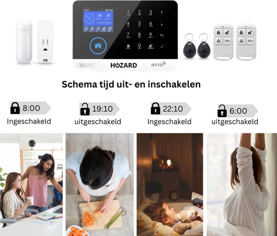 Hozard alarmsysteem, sensoren, sleutelhangers en schema voor in-/uitschakelen.