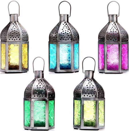 Oosterse Basem lantaarns, 4-delige set, kleurrijk, 14 cm, 4 x Oosters, Marokkaans windlicht van metaal & glas in 4 kleuren, rood, paars, groen, oranje, voor buiten als tuinlantaarn