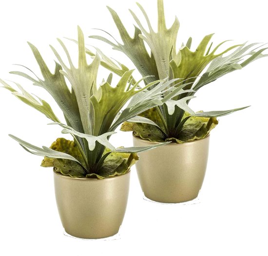 Kunstplant Staghorn varen - 2x - groen - in gouden pot - 38 cm