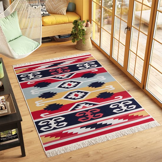 Tapiso Azteca Vloerkleed Katoenen Dubbelzijdig Tapijt Boho Woonkamer Maat- 80x150