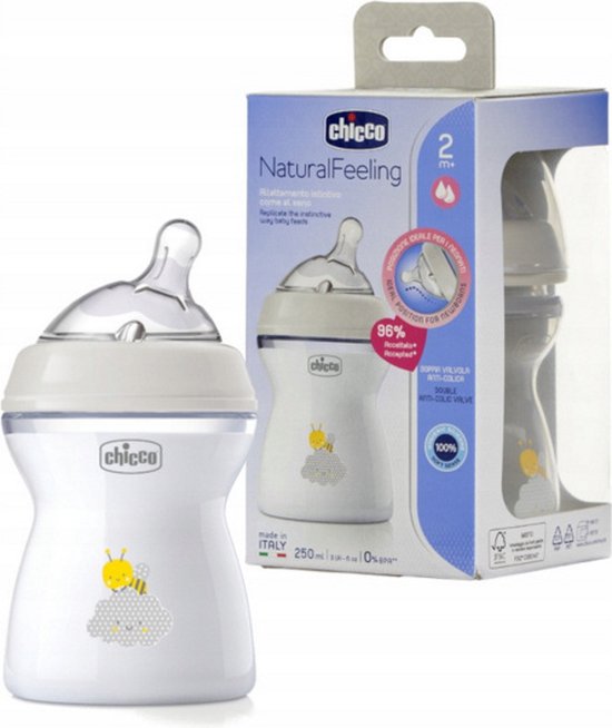 Chicco Natural Feeling Anticolic babyfles, 2 maanden + 250 ml, fles met zuignap van zachte en flexibele siliconen, geschikt voor gemengde borstvoeding, gemiddelde stroom, kleur grijs 2+ m