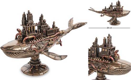 Steampunk walvis met fabriek erop, bronzen afwerking, met afmeting 28 cm.