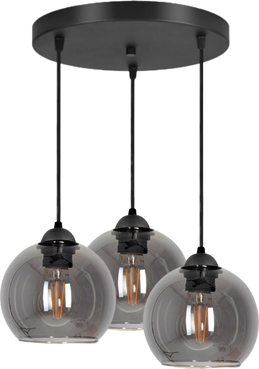 Hanglamp - Plafondlamp Industrieel 3-Lamps Smoke Bol Zwart Eetkamer