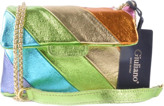 Rainbow - Schoudertas - Echt Leer - Made in Italy - Blauw/Groen/Goud