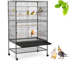 MKSS® Papegaaienkooi - Parkietenkooi - Grote Vogelkooi voor Binnen - Inclusief Speelgoed - Vogelkooien met Wieltjes - Met Badhuis - 80x52x135cm - Zwart