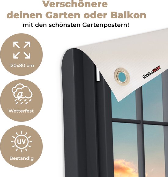 Tuinposters - Tuindecoratie - Doorkijk - Strand - Palmbomen - Zonsondergang - 120x80 cm - Tuin decoratie - Schutting decoratie - Tuinposter - Schuttingdoek - Buitenposter - Tuinversiering - Balkon decoratie - Tuinschilderij