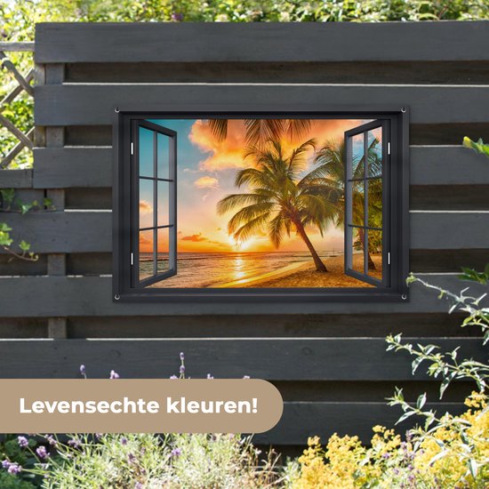 Tuinposters - Tuindecoratie - Doorkijk - Strand - Palmbomen - Zonsondergang - 120x80 cm - Tuin decoratie - Schutting decoratie - Tuinposter - Schuttingdoek - Buitenposter - Tuinversiering - Balkon decoratie - Tuinschilderij