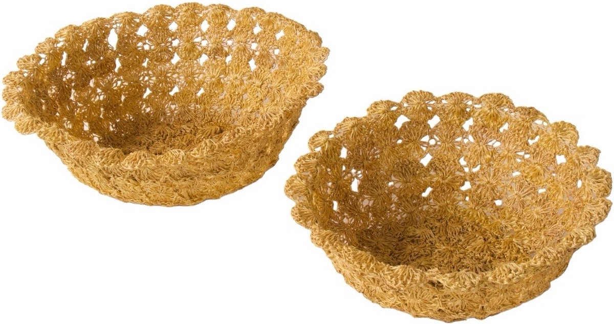 WinQ Mand s/2 stuks Abaca Bloem d:25cm en d:20cm- In de kleur Oker/ Beige- Decoratiemand- Fruitmand- broodmand-mand voor planten