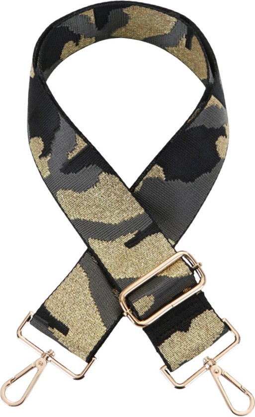 Schouderriem Camo Grey-Gold - bag strap - verstelbaar - met gespen - afneembare schouderband - tassenriem