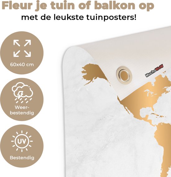 Tuinposter 60x40 cm - Tuindecoratie Wereldkaart - Goud - Marmerlook - Luxe - Design - Poster voor in de tuin - Buiten decoratie - Schutting tuinschilderij - Tuindoek muurdecoratie - Wanddecoratie balkondoek