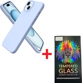 Solid hoesje Soft Touch Liquid Silicone + 1X Screenprotector Tempered Glass - Geschikt voor: iPhone 14 - Lichtblauw