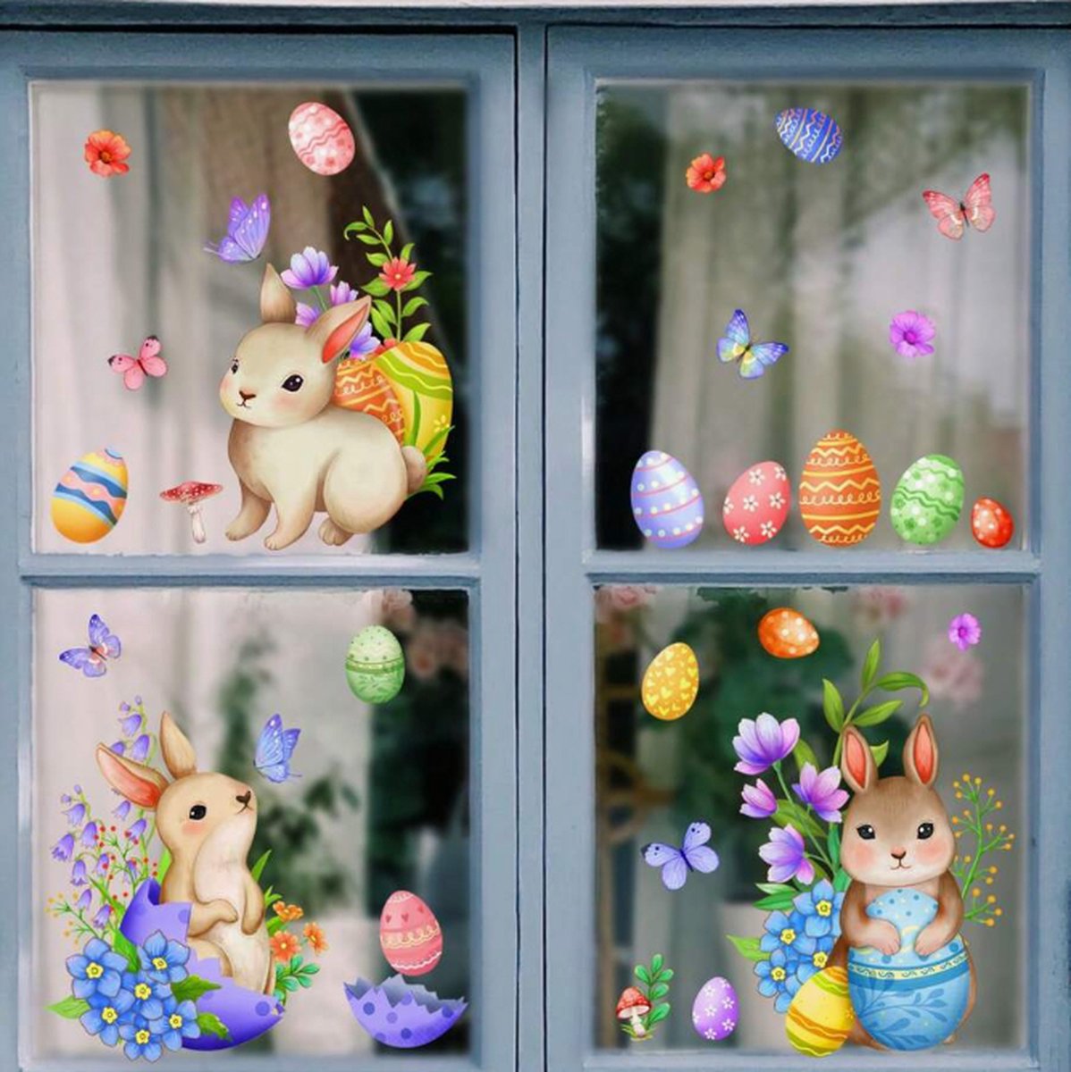 Muursticker - Raamsticker Pasen - Easter - Konijn - Eieren - Bloem - Vlinder - Winkel - Muur Sticker / Raam sticker Keuken – Handgeschilderd | Kinderkamer | Jongens – Meisjes | Decor - Poster | Verwijderbaar – Zelfklevend plakfolie | DH collection
