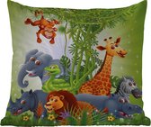 Buitenkussen Weerbestendig - Jungle dieren - Planten - Kinderen - Olifant - Giraf - Leeuw - 50x50 cm