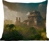 Sierkussen Buiten - Tempel - Jungle - wolken - Lucht - Natuur - 60x60 cm - Weerbestendig