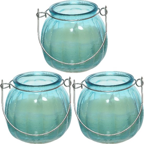 Decoris citronella kaarsen - 3x - in gekleurd glas - 15 branduren - 8 cm - blauw