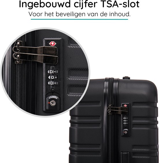 Zwarte koffer met een ingebouwd TSA-slot met cijferslot, met de tekst 'Ingebouwd cijfer TSA-slot'.