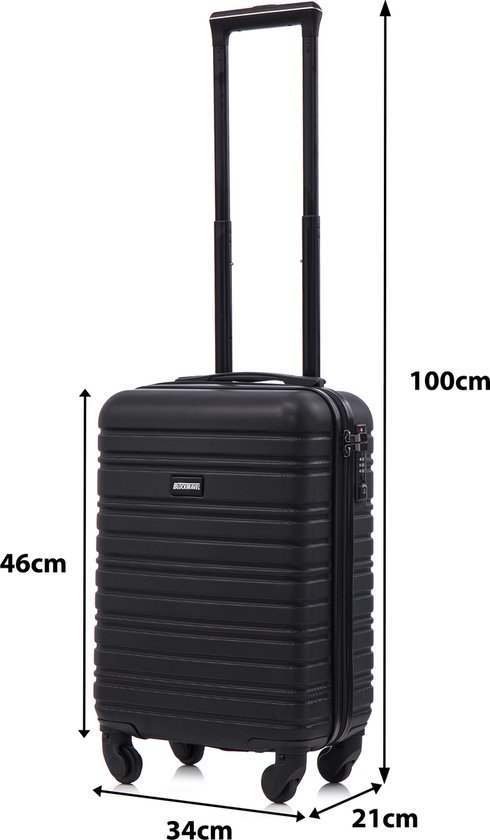 Zwarte koffer met afmetingen 100cm hoog, 34cm breed en 21cm diep, met uitgeschoven handvat.