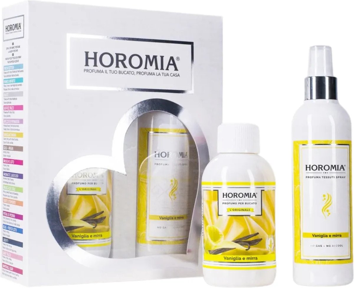 Goedkoopste Horomia Geschenkset Vaniglia e Mirra - Wasparfum & Textielspray - Geur bij de Was - Wasgeurtje - Parfum bij de Was - Parfum voor de Was - Geurbooster
