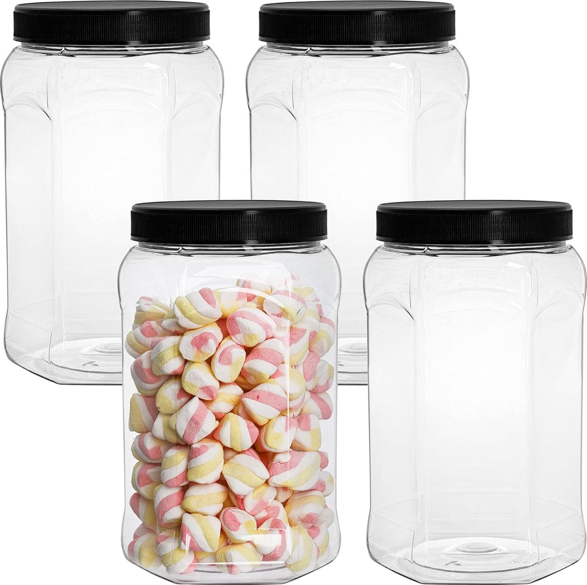 4 stuks transparante plastic potten van 2 liter met deksel, lege opslagcontainers, grote kruidenpotten, luchtdichte containers voor droogvoer, snacks, meel, hondenvoer, brede opening, BPA-vrij
