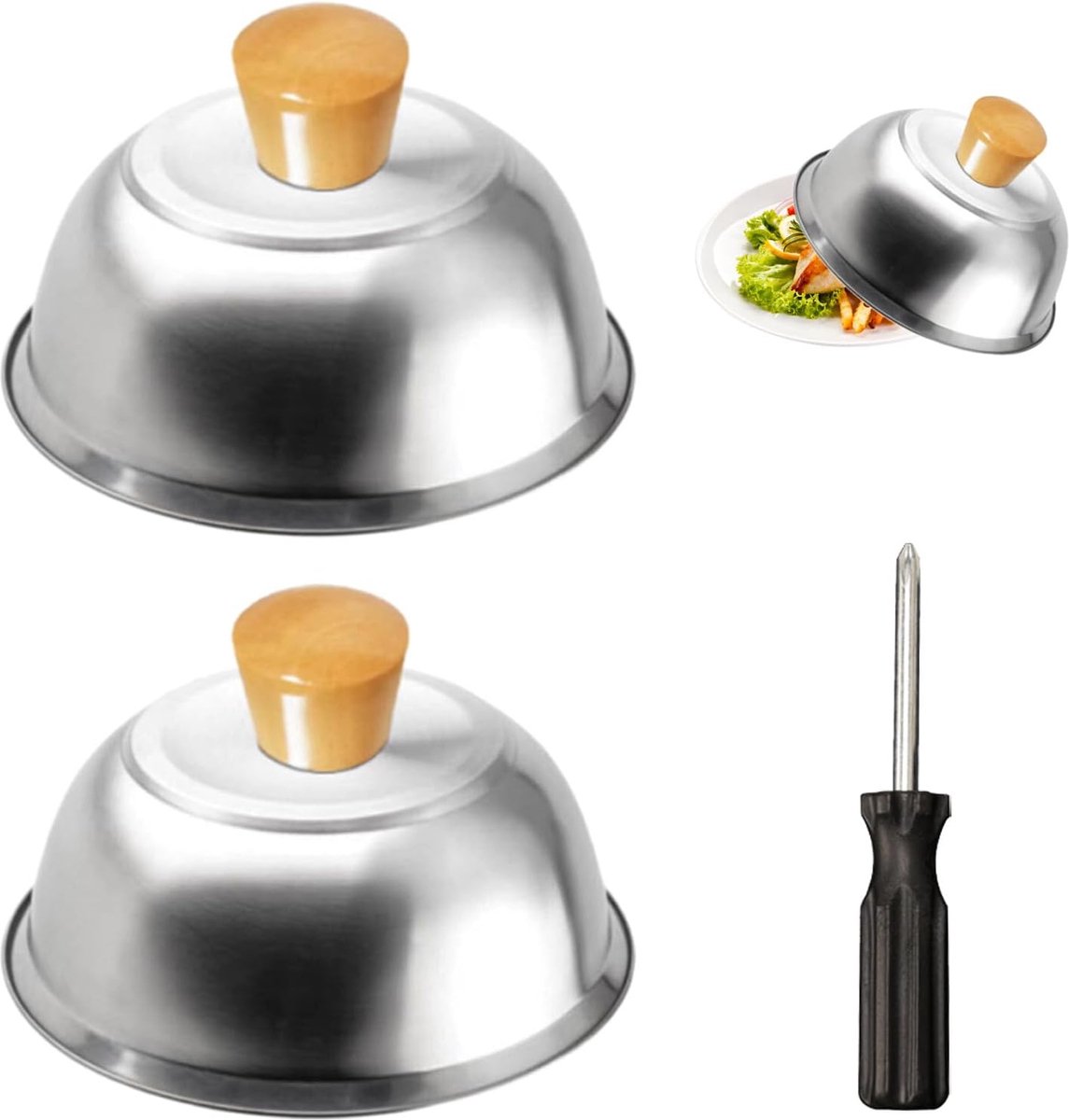 Burgerbel, 2 roestvrijstalen burgerbel, smeltklok, burgerkappen, grillbel voor gesmolten kaas, steak, hamburgers, grill, vaatwasmachinebestendig, met anti-verbrandingshandvat