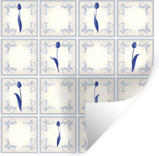 Muurstickers - Sticker Folie - Een illustratie van blauwe tulpen op tegels - 50x50 cm - Plakfolie - Muurstickers Kinderkamer - Zelfklevend Behang - Zelfklevend behangpapier - Stickerfolie
