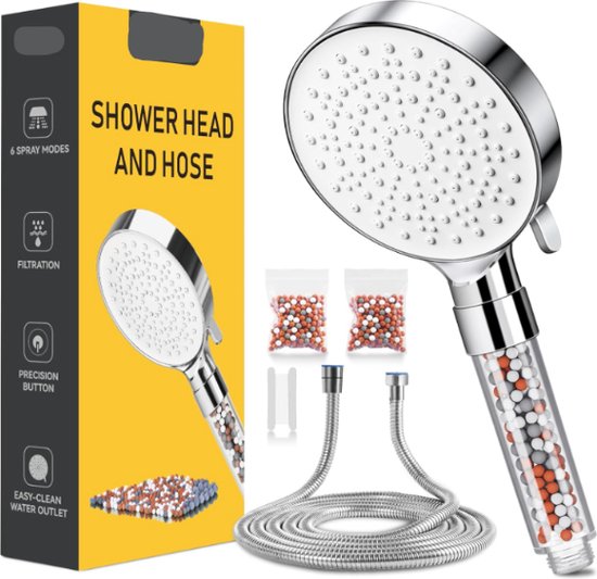 Douchekop en slang 1,6 m met filter - YEAUPE PRO vierkante hogedruk badkamerdouchekoppen (115 x 100 mm) 6 straalmodi, grote krachtige stroomregendouchekop voor lage druk hard water douchekop, wit
