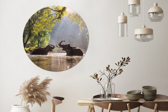 WallCircle - Peinture - Eléphants Jouant Dibond En - Multicolore - 140 X 140 Cm