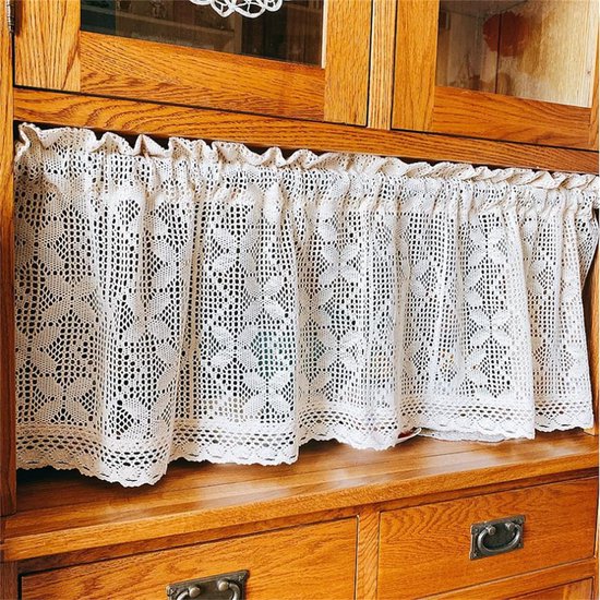 choicehot Cafe Keuken Gordijn Beige Eenvoudige Landelijke Stijl Volant Natuurlijke Katoen Linnen Holle Bloem Gordijnen Met Handgemaakte Kwasten Decor Woonkamer Balkon, 38 cm x 152 cm