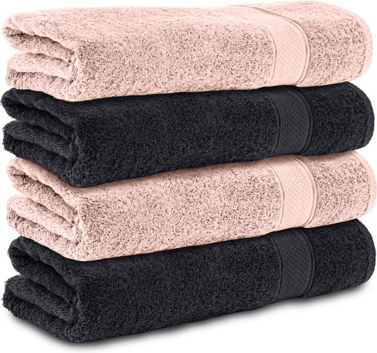 Komfortec handdoeken – Set van 4 - Badhanddoek 70x140 cm - 100% Katoen – Roze&Zwart