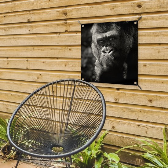 Posters de jardin Gorilla sur fond noir en noir et blanc - 50x50 cm - Toile jardin - Poster extérieur