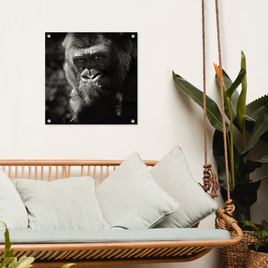 Posters de jardin Gorilla sur fond noir en noir et blanc - 50x50 cm - Toile jardin - Poster extérieur