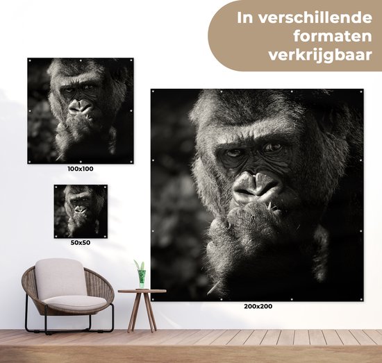 Posters de jardin Gorilla sur fond noir en noir et blanc - 50x50 cm - Toile jardin - Poster extérieur