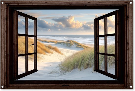 Affiche de jardin Plage - Vue - Dunes - Ammophile - Mer des Wadden - Fenêtre marron foncé - 120x80 cm - Toile de jardin - Affiche d'extérieur