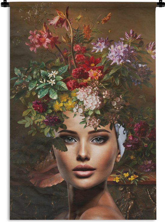 Wandkleed - Wanddoek - Vrouw - Bloemen - Kleuren - 60x90 cm - Wandtapijt