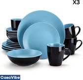 CasaVibe Luxe Serviesset – 48 delig – 12 persoons – Porselein - Bordenset – Dinner platen – Dessertborden - Kommen - Mokken - Set - blauw - Zwart