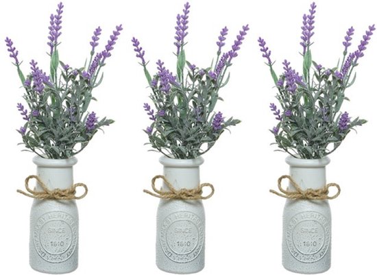 8x stuks lichtpaarse Lavandula/lavendel kunstplant 32 cm in witte pot - Kunstplanten/nepplanten