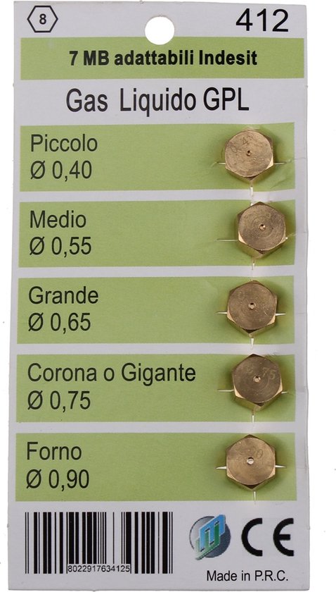 Pak met 5 gasmondstukken in goudkleur. Maten: Piccolo Ø 0,40, Medio Ø 0,55, Grande Ø 0,65, Corona/Gigante Ø 0,75, Forno Ø 0,90.
